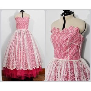 Hot Pink and White Lace Strapless 50s Cupcake Dress